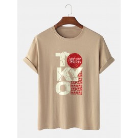 Mens Tokyo Letter Print Street 100% Cotton Short Sleeve T-Shirts