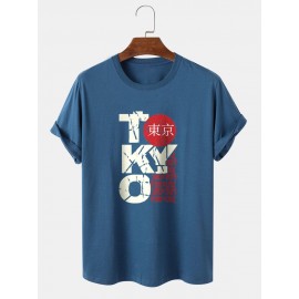 Mens Tokyo Letter Print Street 100% Cotton Short Sleeve T-Shirts