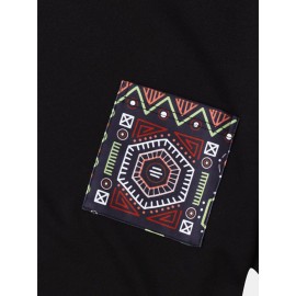 Mens Vintage Geometric Print Patchwork Curved Hem Short Sleeve T-Shirts