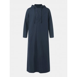 Men Cotton Middle Robe Solid Long Sleeve Hooded T-Shirt