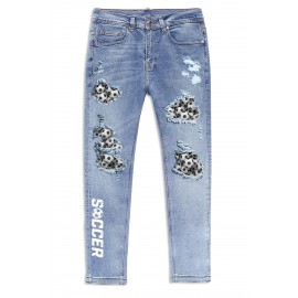 Sky Blue Soccer Printed Patchwork Distressed Men's Skinny Jeans