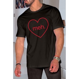 Black meh. Heart Shaped Print Crewneck Short Sleeve Men's Tee