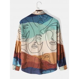 Mens Corduroy Art Printed Colorful Long Sleeve Front Buttons Shirts