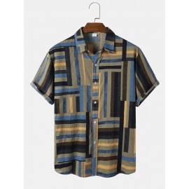 Mens Striped Color Block Lapel Short Sleeve Regular Hem Shirt