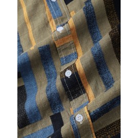 Mens Striped Color Block Lapel Short Sleeve Regular Hem Shirt