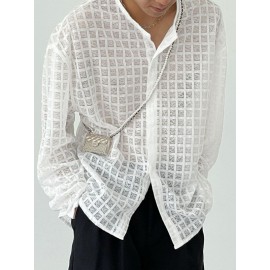 Mens Casual Mesh Check Long-sleeved Shirts