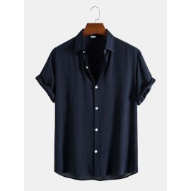 Mens Pure Color Lapel Button Up Cotton Basics Short Sleeve Shirts