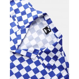 Mens Checkered Plaid Revere Collar Street Short Sleeve Shirts